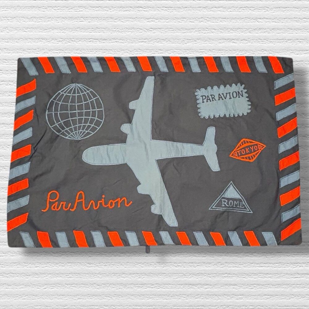 The Land of Nod Par Avion Airplane Standard Pillow Sham Gray Orange Blue